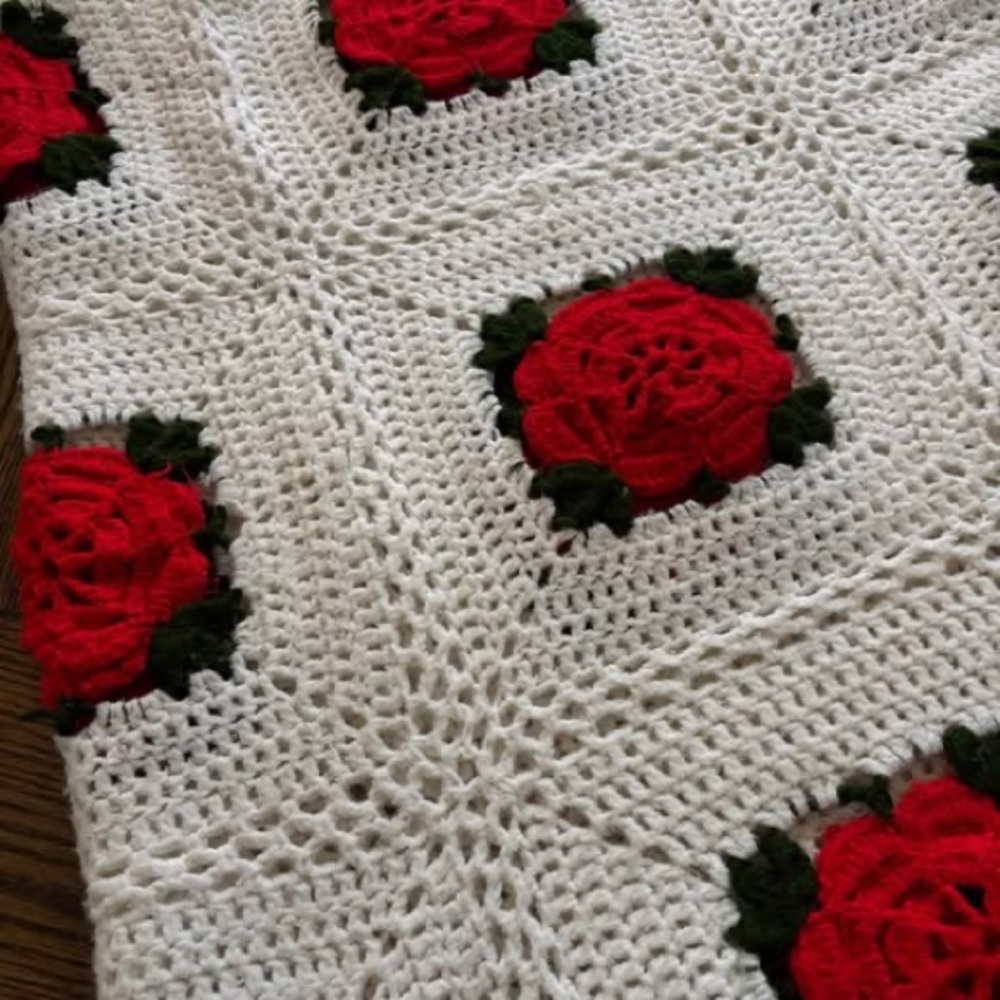Handmade Crochet Blanket with Red Roses